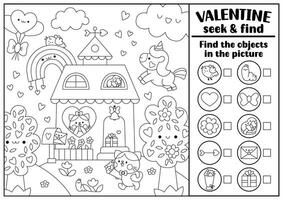 Saint Valentine black and white searching game with house and kawaii character. Spot hidden objects coloring page. Simple love holiday seek and find activity with unicorn, cupid, hearts vector