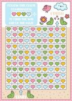Saint Valentine maze, color recognition, seek and find game with hearts. Attention skills training puzzle. Kawaii printable activity for kids. Logical searching puzzle. Follow color combination vector