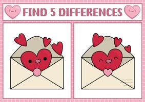 Saint Valentine kawaii find differences game for children. Attention skills activity with cute opened envelope with heart. Love holiday puzzle for kids. Printable what is different worksheet vector