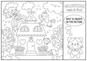 Saint Valentine black and white searching game with house and kawaii characters. Spot hidden object. Simple love holiday seek and find activity, coloring page with unicorn, cat couple, heart vector