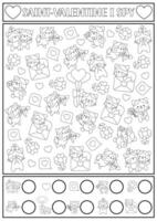 Saint Valentine black and white I spy game for kids. Searching and counting kawaii activity. Love holiday printable worksheet for preschool children. Simple puzzle, coloring page with cats, hearts vector