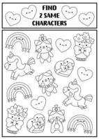 Find two same characters. Saint Valentine kawaii black and white matching activity. Love holiday line educational quiz worksheet for kids for attention skills. Simple printable game, coloring page vector