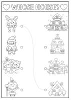 Holiday black and white matching activity for children with kawaii characters and their homes. Fun puzzle with line Santa Claus, bunny, witch, cats. Worksheet, game, coloring page for kids vector