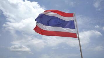 Thailand s national flag is blowing with the wind and clouds on the blue sky. It is composed of horizontal lines of red, white, blue, white and red. video