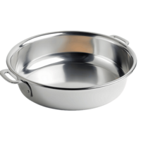 A silver pan with a handle sits on a transparent background png