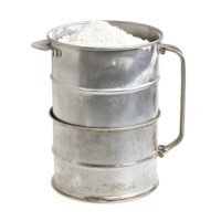 A silver container with a white powder inside png