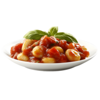 A plate of gnocchi with tomato sauce and basil png