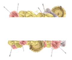 Balls of yarn, threads with knitting needles and knitted basket rectangular frame. Skeins of string. Watercolor hand drawn illustration for hobby, handicrafts label template isolated from background png