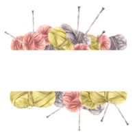 Balls of yarn threads with knitting needles rectangular frame. Realistic skeins of string. Watercolor hand drawn illustration. Hobby sticker, handicrafts label template. Clipart isolated from png