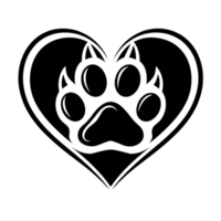 A black and white drawing of a heart with a paw print png