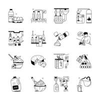 Set of illustrations depicts various stages of dairy production, from raw milk and fruits to processed products like yogurt, cheese, and milk vector