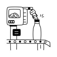 Illustration of a machine adding almonds to a bottle on a factory production line vector