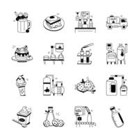 A collection of hand drawn icons depicting various stages of dairy and food production, from raw ingredients to finished products vector