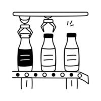 A factory conveyor belt with bottles being capped by robotic arms vector