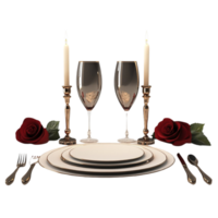 a table setting with two glasses and two roses png