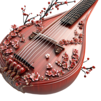 a red guitar with cherry blossoms on it png
