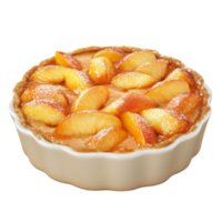 A pie with sliced peaches in a white dish png