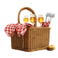 Picnic basket with wine glasses and forks png