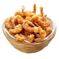 A basket filled with fried shrimp on a black background png