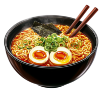 A bowl of ramen with two eggs and chopsticks png