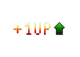 A retro vintage 8 bit style, with the text message Plus One, Up level and a green arrow pointing upwards. Isolated. png