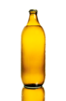 A bottle of beer over a mirror, with water condensation on the surface because it's cold. Isolated. png