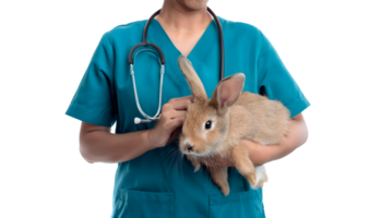Brown rabbit in Veterinarian hands for check up and holding stethoscope, Animal care and ecological farming concept png