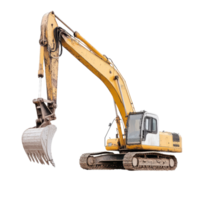yellow excavator with large bucket attachment is shown, ready for construction work. Its sturdy tracks and powerful arm highlight its capability for heavy duty tasks png