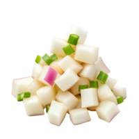 Freshly chopped white radish cubes topped with green onion pieces create vibrant and healthy garnish. Perfect for salads or as flavorful addition to various dishes png
