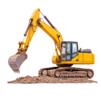 Excavator digging soil on construction site, showcasing its powerful arm and bucket. This heavy machinery is essential for earthmoving tasks and construction projects png