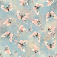 Delicate, flying, elegant butterflies in the trendy pastel color peach fuzz in a vintage style. Hand drawn watercolor illustration. Seamless pattern, repeating ornament on a blue background vector