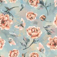 Beautiful peonies in peach fuzz color with leaves, buds and flying butterflies. Hand drawn watercolor illustration. Seamless pattern. vector