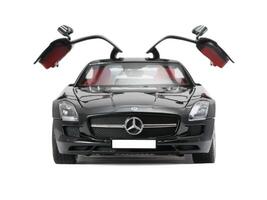 ALMATY, KAZAKHSTAN - june 22, 2014 - Collectible toy car Mercedes-Benz SLS Sedan with open doors isolated on white background photo