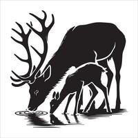 Two Deer Silhouettes Drinking from a Water Source vector