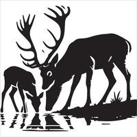 Two Deer Drinking from a River Silhouette vector