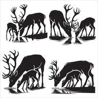Two Deer Silhouettes Drinking from a Water Source Set vector