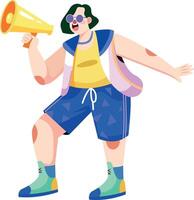 A flat illustration of a character making an announcement in loudspeaker vector