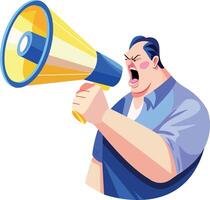 A flat illustration of yelling character in a loudspeaker vector