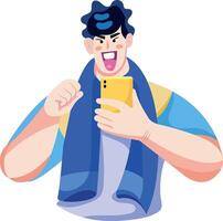 A flat illustration of character holding a mobile having selfie fun vector