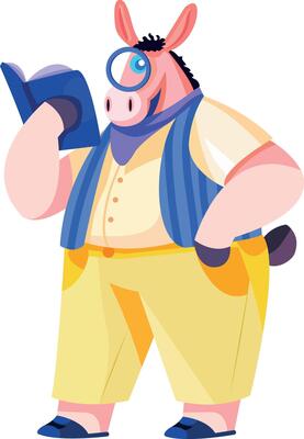 Funny donkey reading a book illustration in flat style