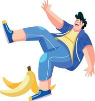 A flat illustration of character slipping through banana peel vector