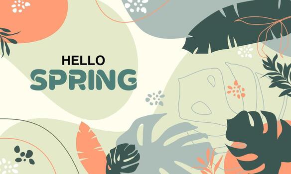 Hello spring text and abstract shape, other plant for spring season background style. vector