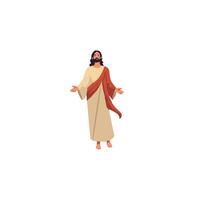 illustration of Jesus Christ during Ascension, depicted with open arms in a welcoming pose. Clad in a beige robe and red sash, standing barefoot on a white background vector