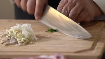 Cut vegetables on a wooden cutting board into small pieces and slice with a kitchen knife by professional chef. video