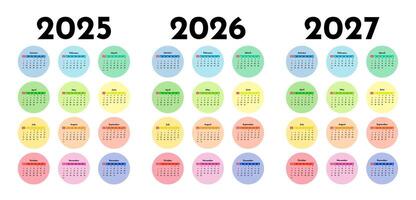 Set of calendars for 2025, 2026 and 2027 on a white background vector