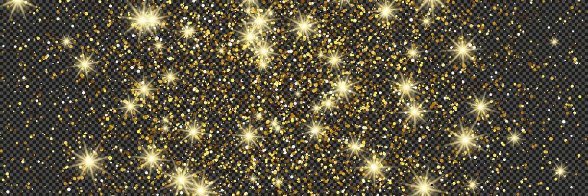 Gold glittering dust with stars on a gray background. Dust with gold glitter effect and empty space for your text. illustration