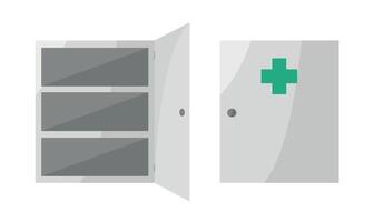 Empty first aid kit icons in open and closed form on white background. Shelves for medicines. vector