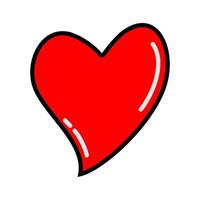 A vivid red stylized cartoon heart icon, depicted with bold outlines and soft reflections on a plain white background, symbolizing love, affection, and romantic relationships in a playful design. vector
