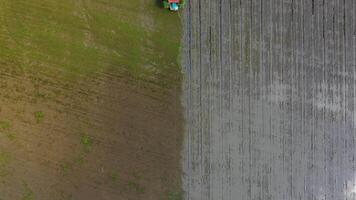 top view of a agriculture vehicle machine transplant rice seedling in a paddy field in the open sky day from drone view. video