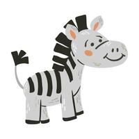 Cute hand drawn flat drawing of smiling zebra with bold black stripes, rosy cheeks, and playful expression. Childish illustration isolated on white background vector